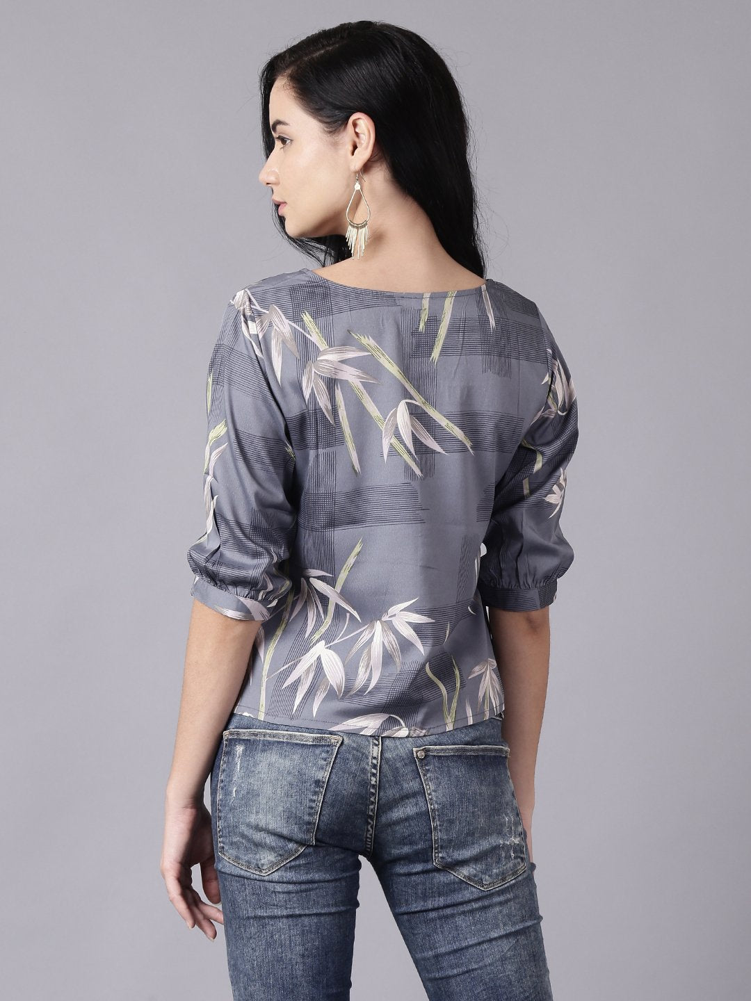 Women Grey Casual Printed Square Neck Top | NOZ2TOZ - Made In INDIA.