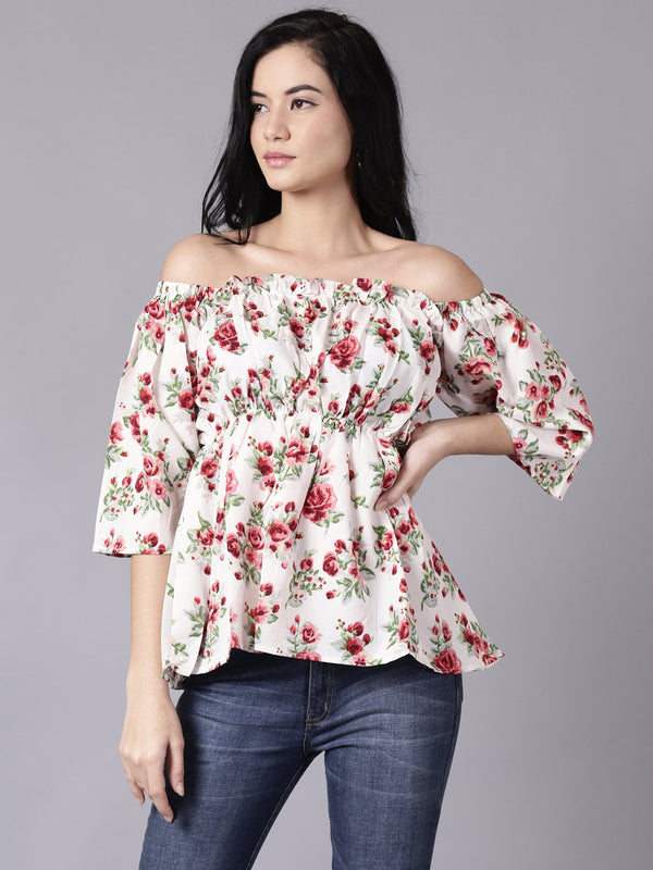 Women Cream Casual Printed Off-Shoulder Top | NOZ2TOZ - Made In INDIA.