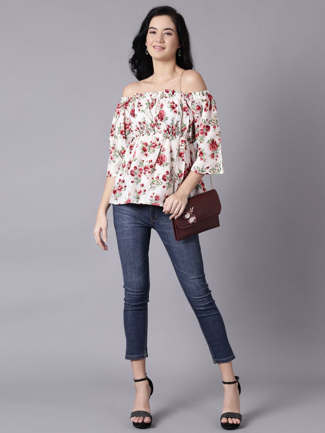 Women Cream Casual Printed Off-Shoulder Top | NOZ2TOZ - Made In INDIA.