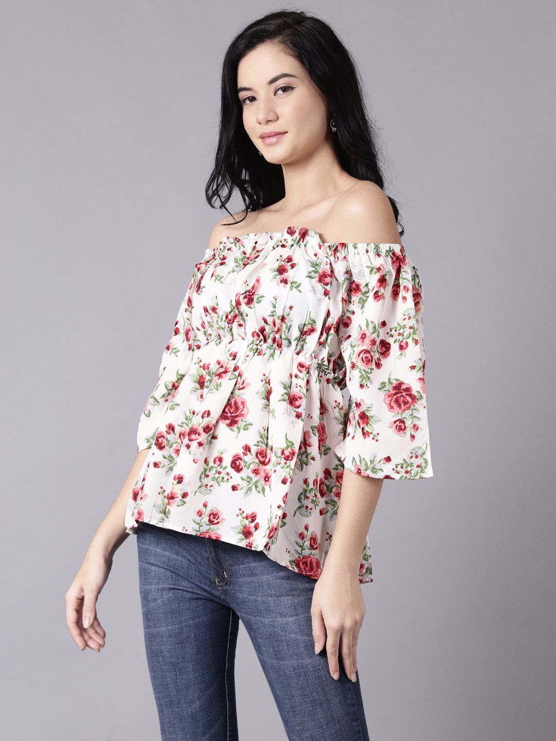 Women Cream Casual Printed Off-Shoulder Top | NOZ2TOZ - Made In INDIA.