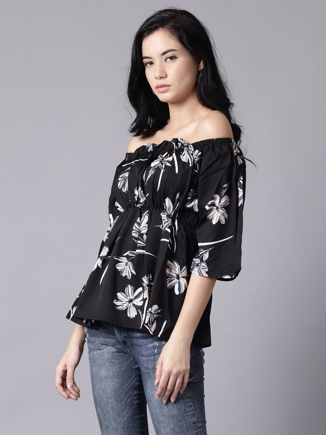 Women Black Floral Printed Top With Three Quater Sleeves | NOZ2TOZ - Made In INDIA.