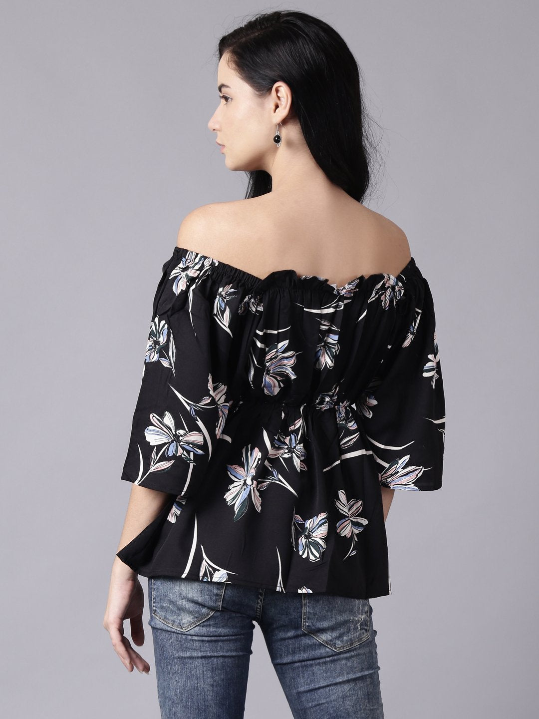 Women Black Floral Printed Top With Three Quater Sleeves | NOZ2TOZ - Made In INDIA.