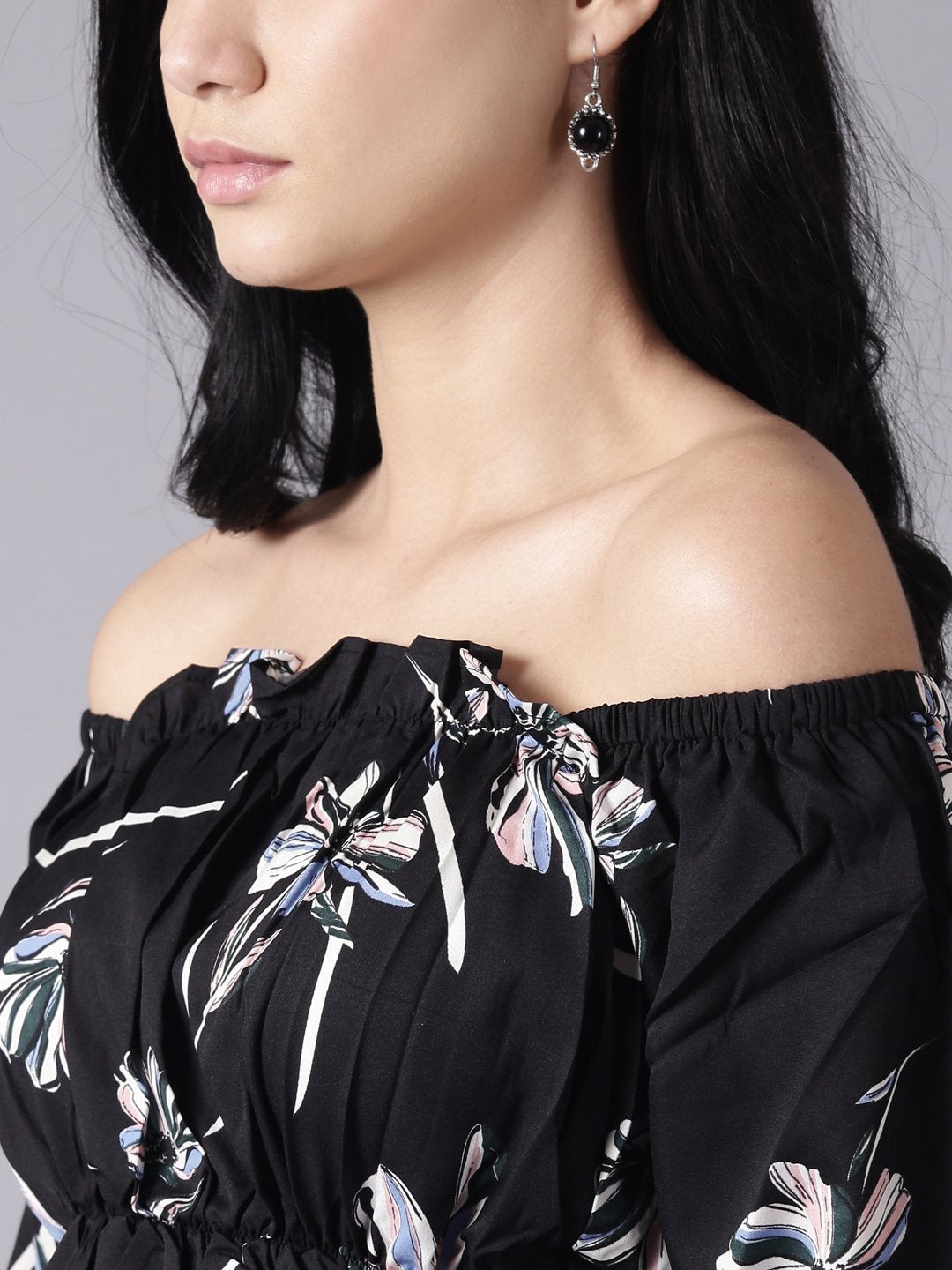 Women Black Floral Printed Top With Three Quater Sleeves | NOZ2TOZ - Made In INDIA.