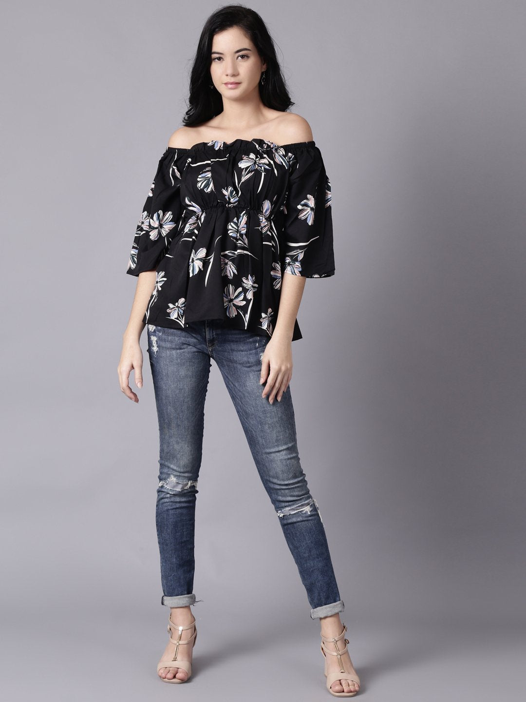 Women Black Floral Printed Top With Three Quater Sleeves | NOZ2TOZ - Made In INDIA.