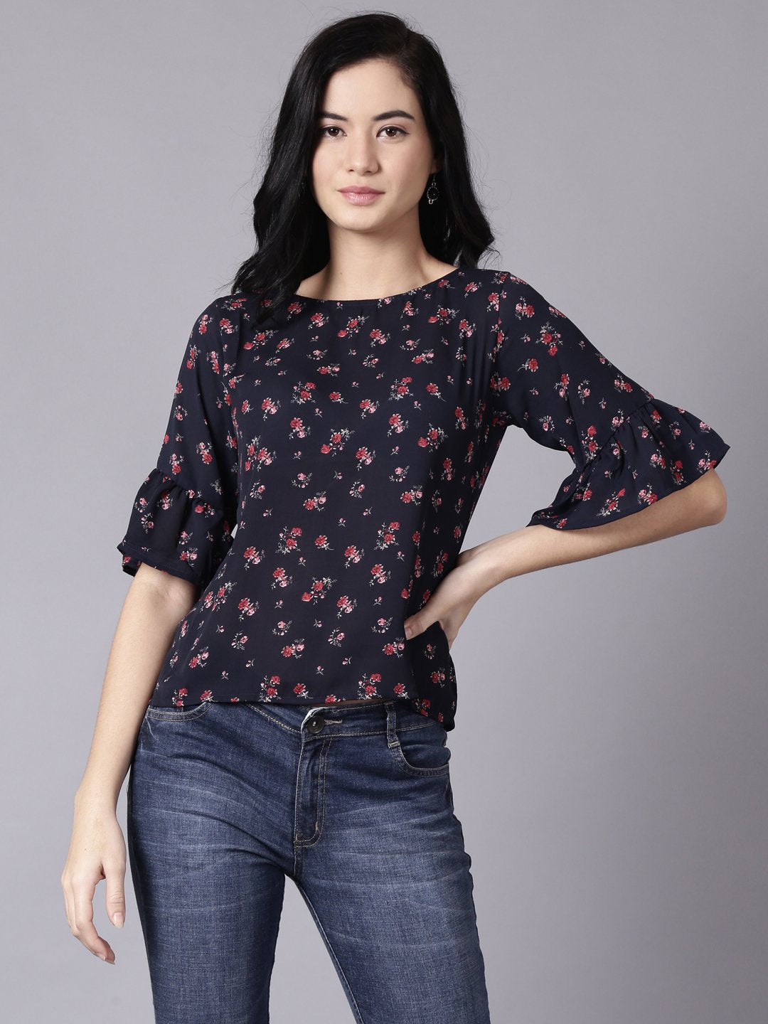 Women Navy Blue Casual Printed Round Neck Top | NOZ2TOZ - Made In INDIA.