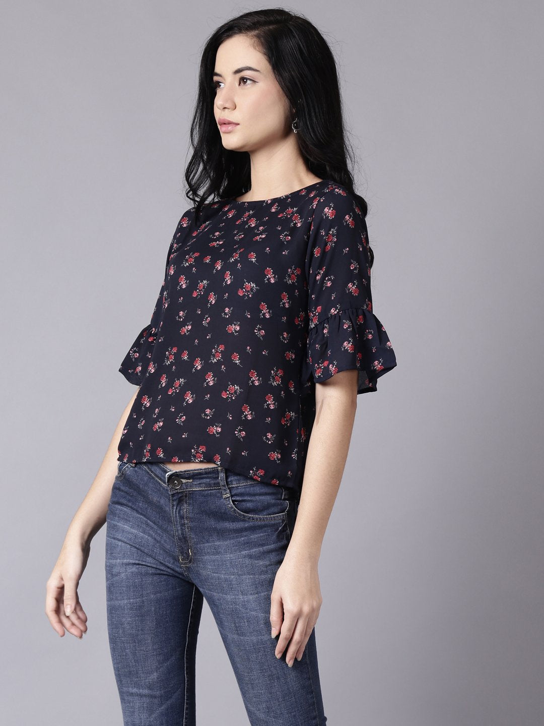 Women Navy Blue Casual Printed Round Neck Top | NOZ2TOZ - Made In INDIA.