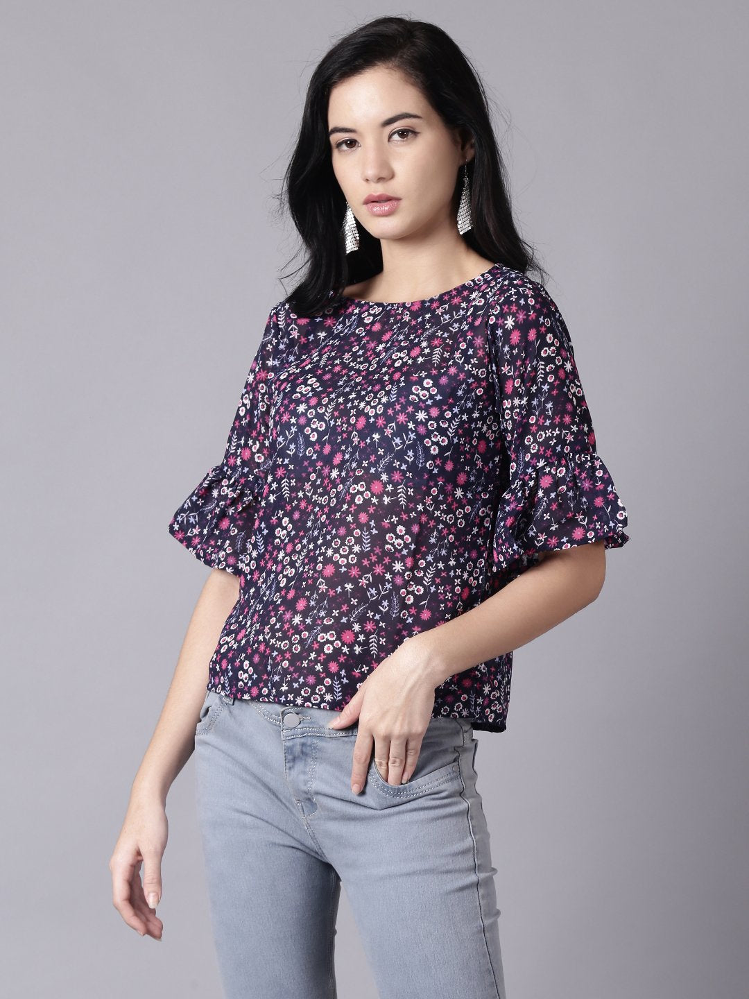 Women Navy Blue Casual Printed Round Neck Top | NOZ2TOZ - Made In INDIA.