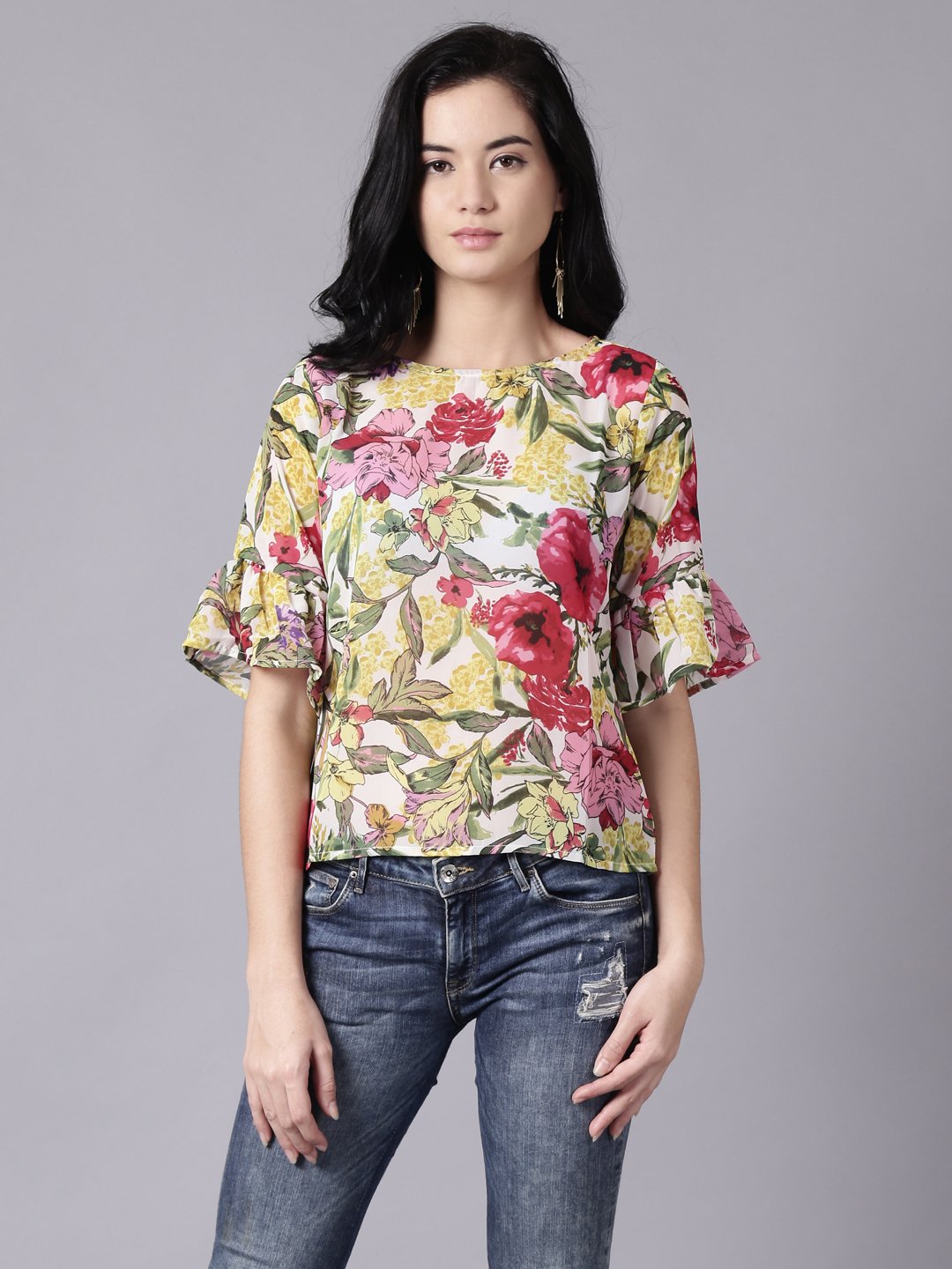 Women Off-white Casual Printed Round Neck Top | NOZ2TOZ - Made In INDIA.