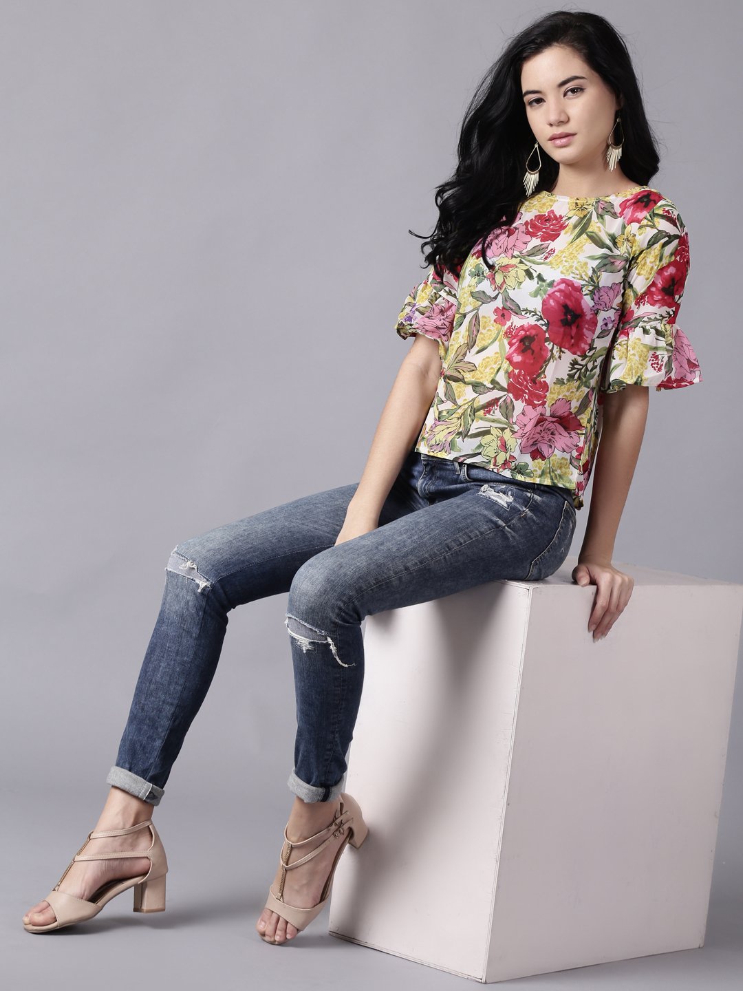 Women Off-white Casual Printed Round Neck Top | NOZ2TOZ - Made In INDIA.