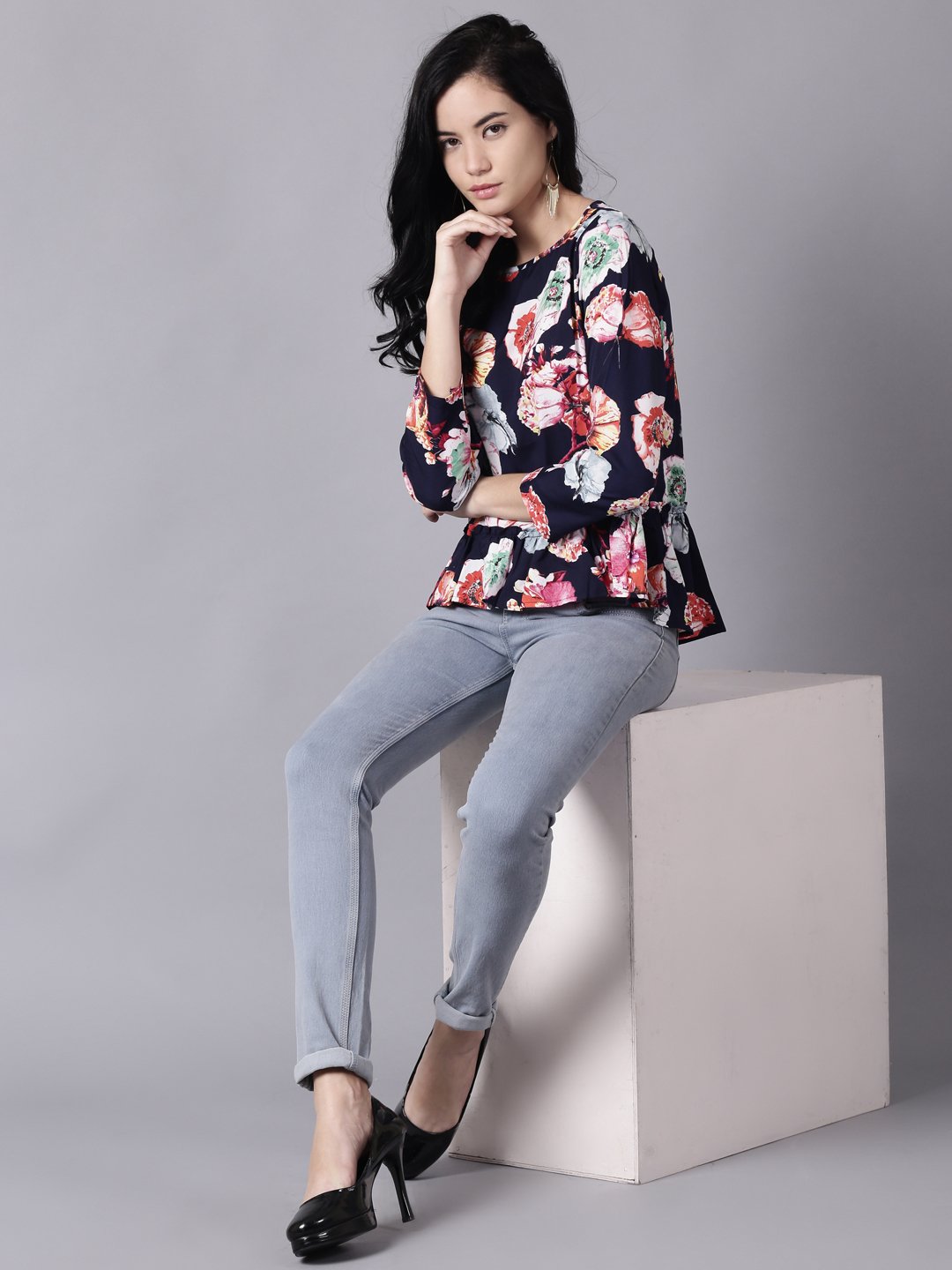 Women Navy Blue Casual Printed Round Neck Top | NOZ2TOZ - Made In INDIA.