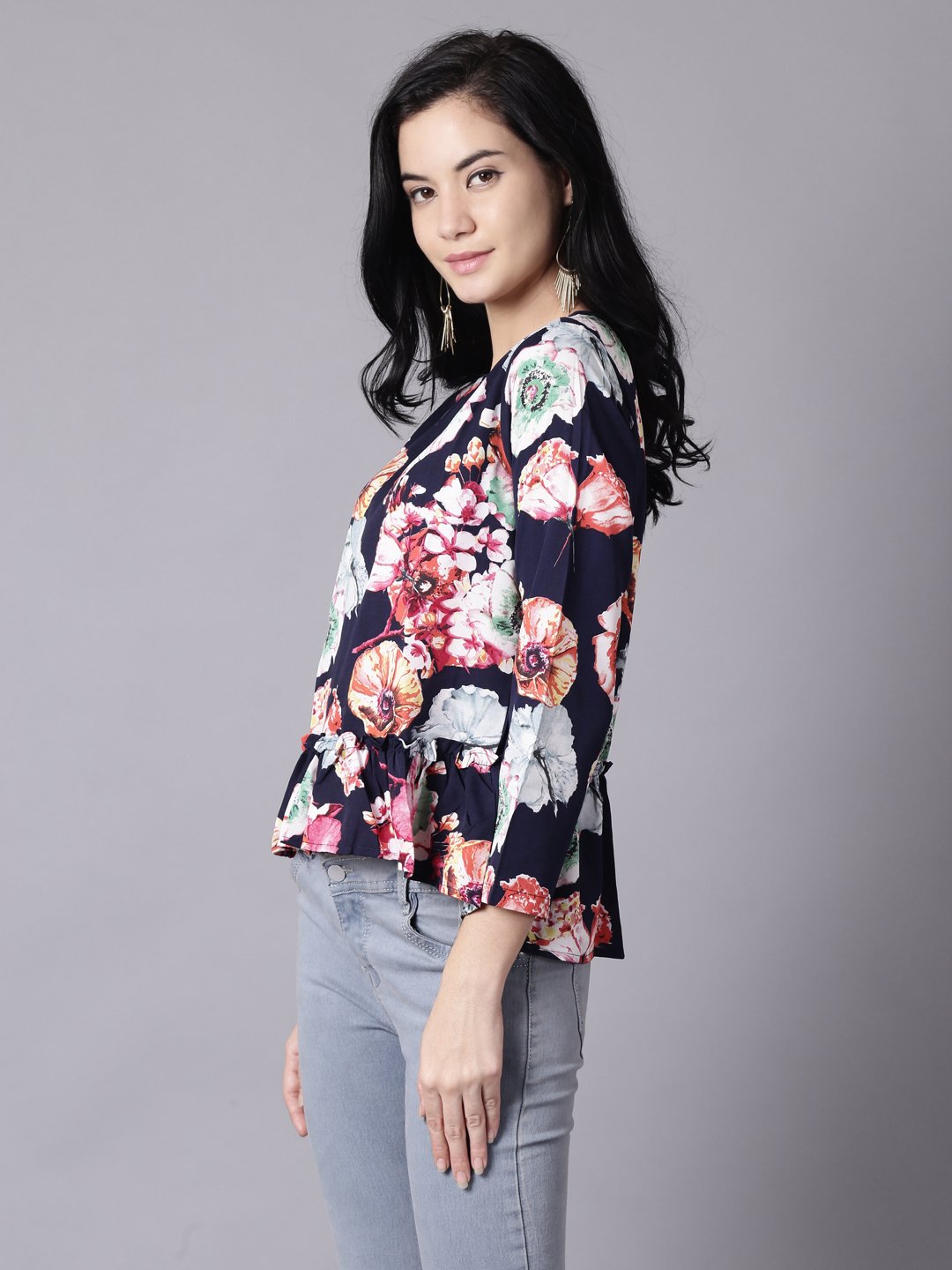 Women Navy Blue Casual Printed Round Neck Top | NOZ2TOZ - Made In INDIA.