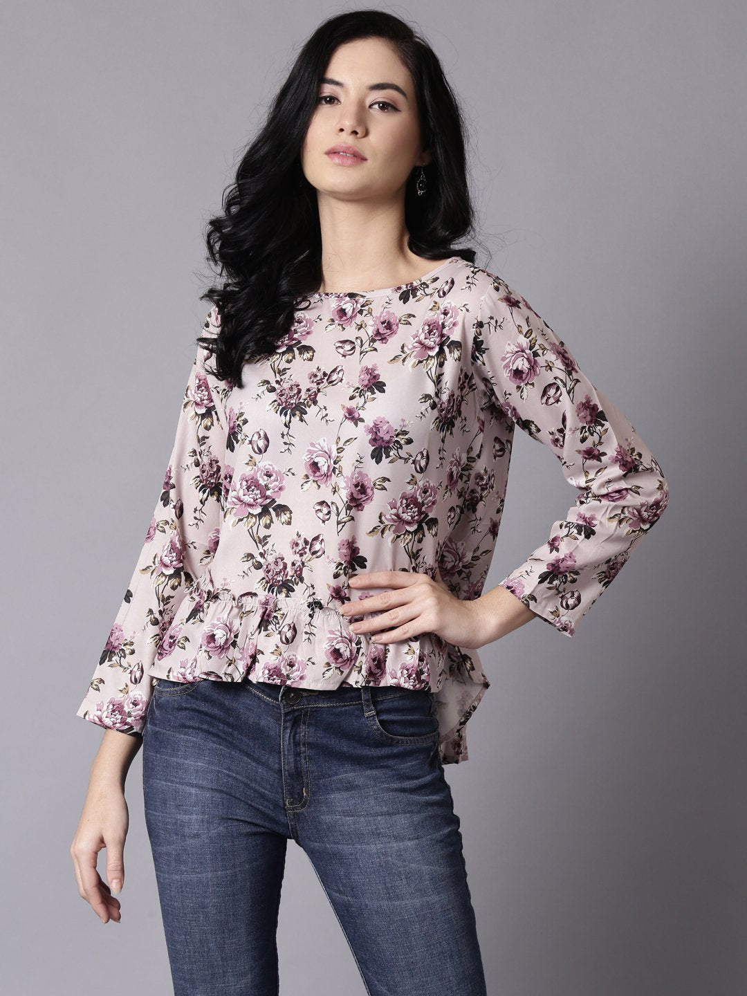 Women Beige Casual Printed Round Neck Top | NOZ2TOZ - Made In INDIA.