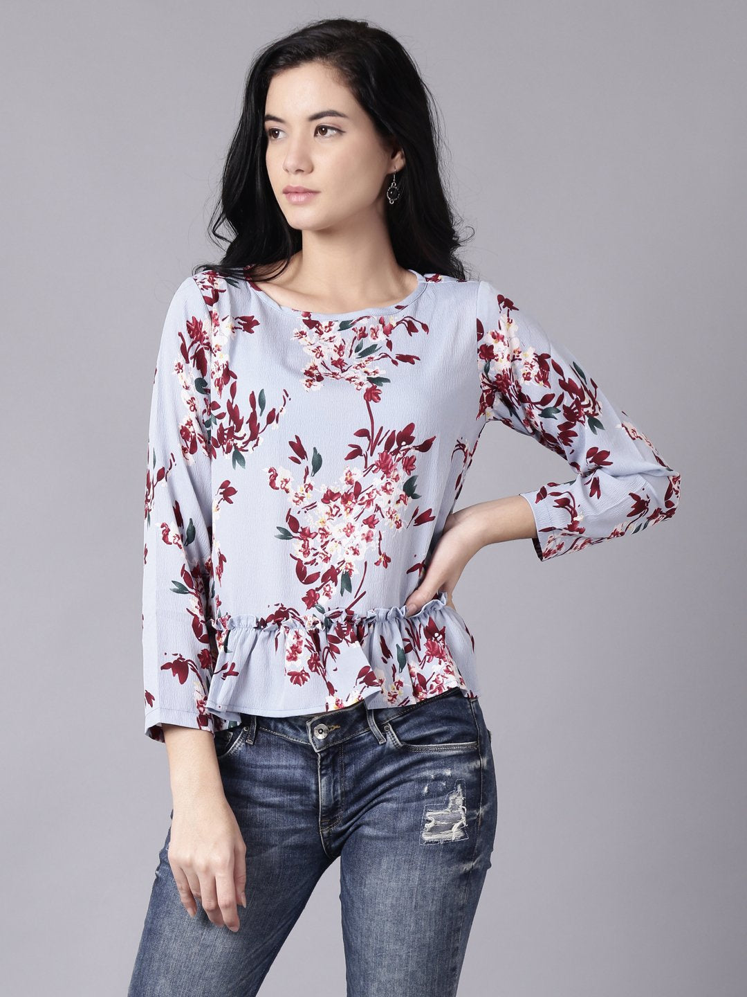 Women Blue Casual Printed Round Neck Top | NOZ2TOZ - Made In INDIA.