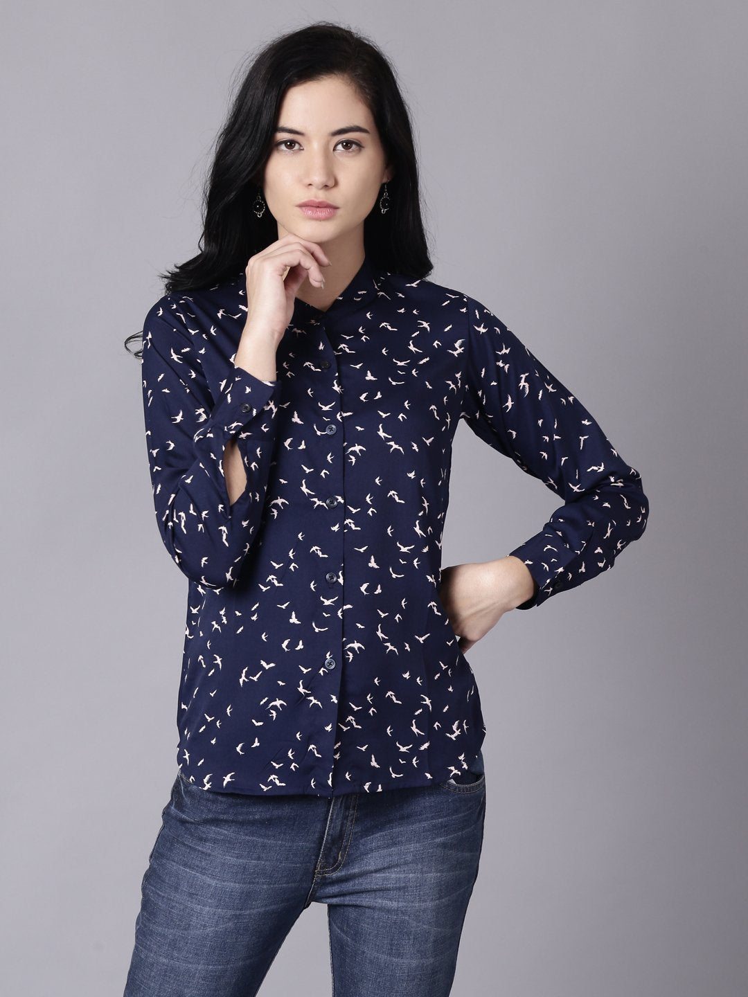 Women Navy Blue Regular Printed Mandarin Collar Crepe Shirt | NOZ2TOZ - Made In INDIA.