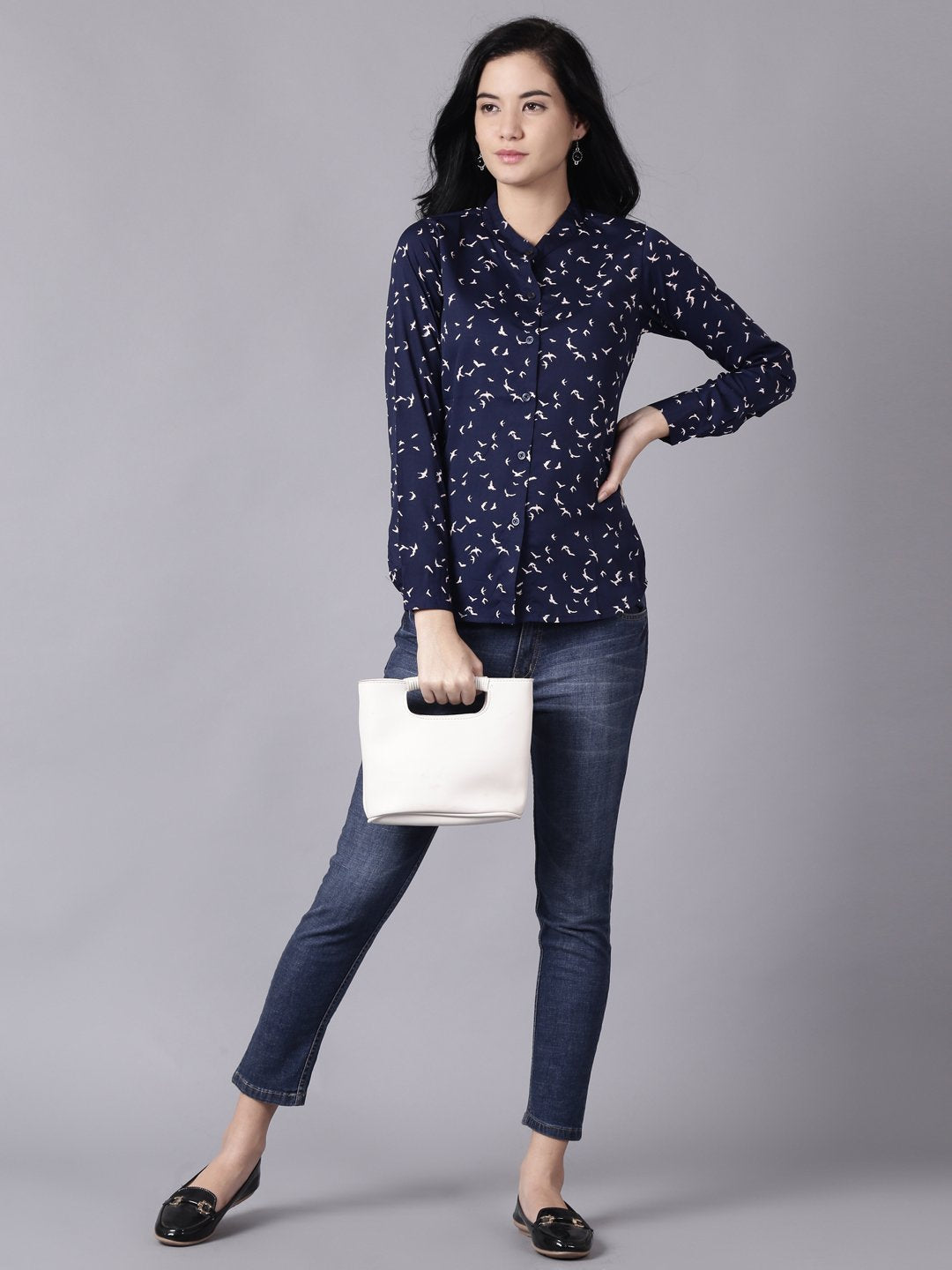 Women Navy Blue Regular Printed Mandarin Collar Crepe Shirt | NOZ2TOZ - Made In INDIA.