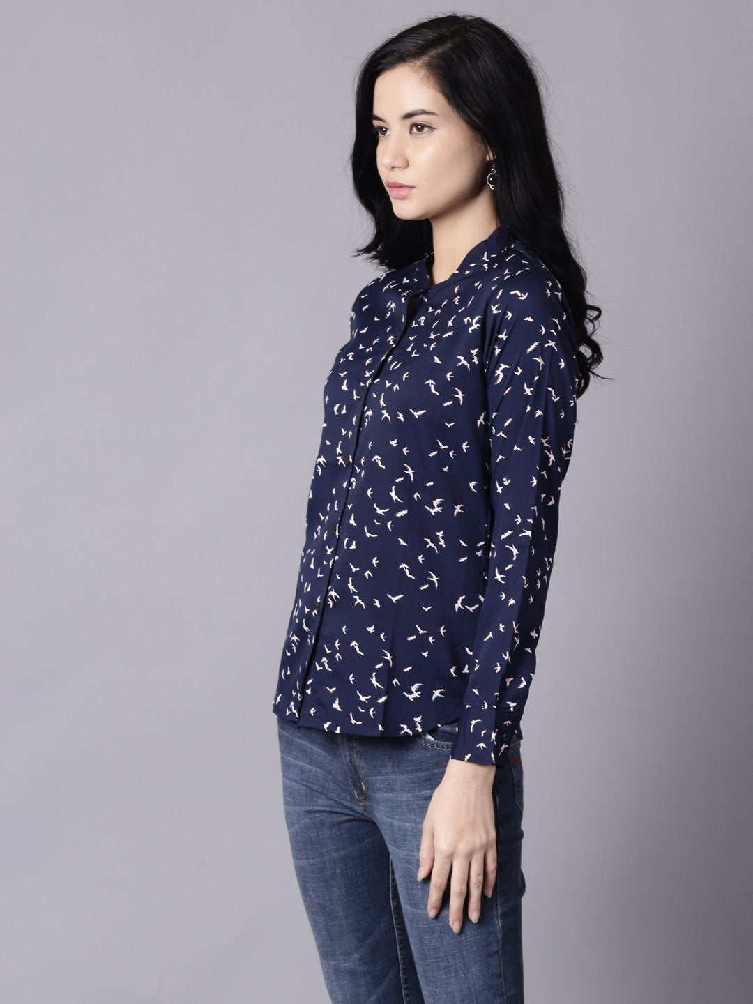 Women Navy Blue Regular Printed Mandarin Collar Crepe Shirt | NOZ2TOZ - Made In INDIA.