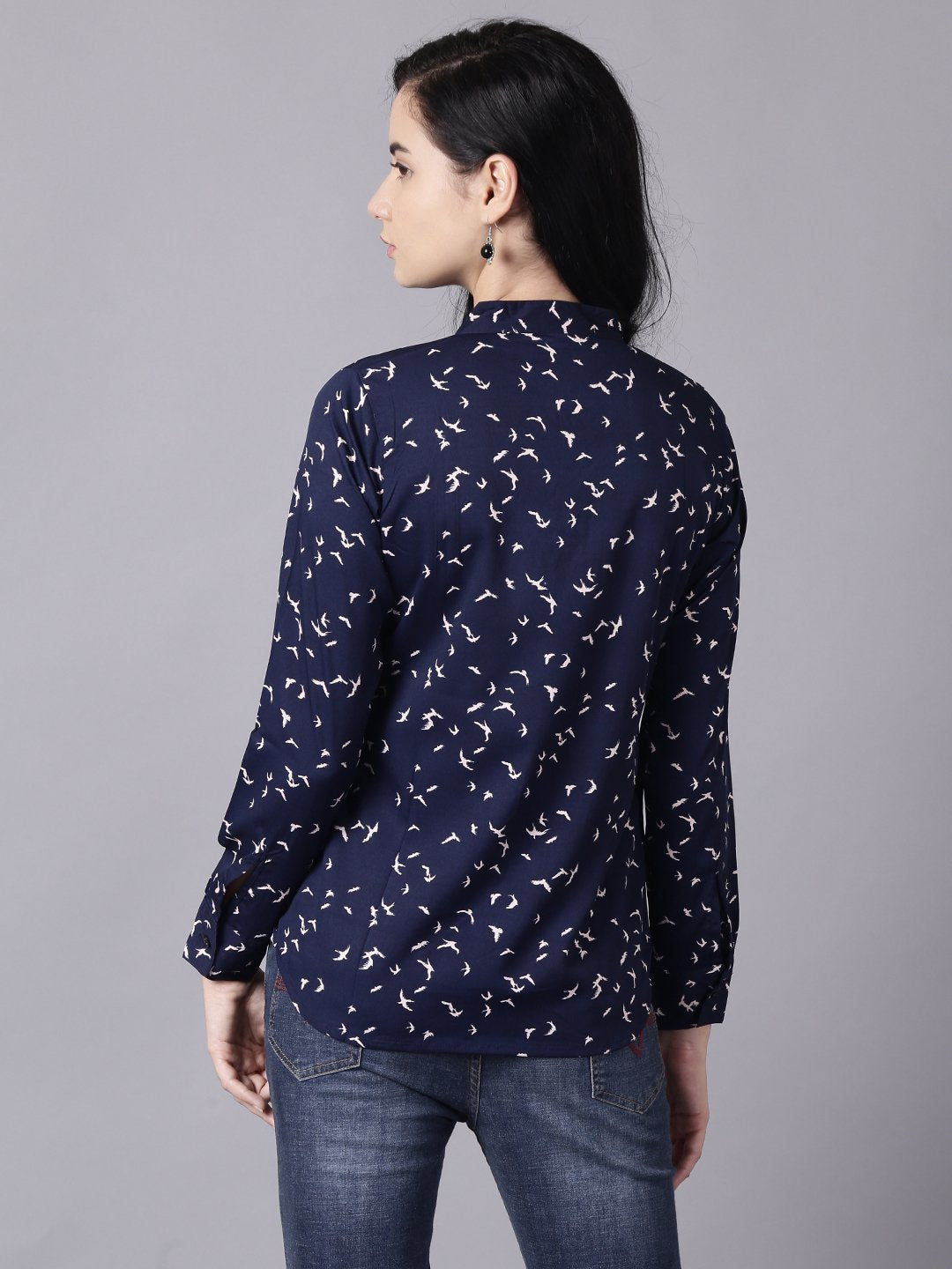 Women Navy Blue Regular Printed Mandarin Collar Crepe Shirt | NOZ2TOZ - Made In INDIA.