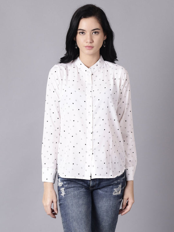 Women White Regular Printed Mandarin Collar Crepe Shirt | NOZ2TOZ - Made In INDIA.