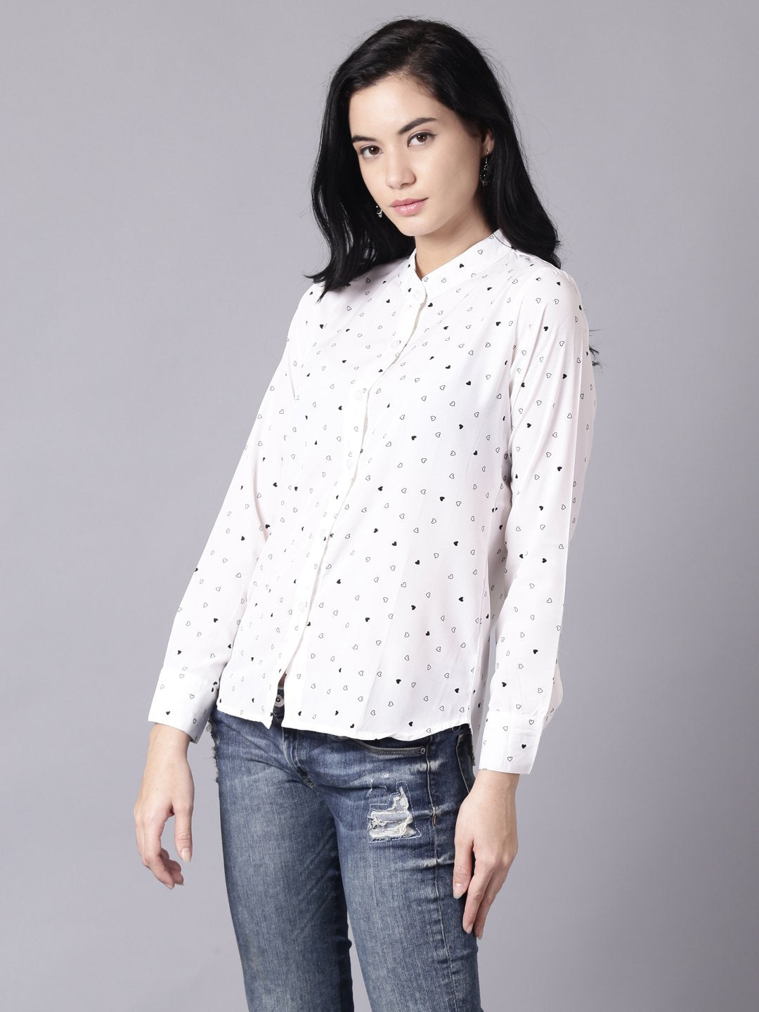 Women White Regular Printed Mandarin Collar Crepe Shirt | NOZ2TOZ - Made In INDIA.