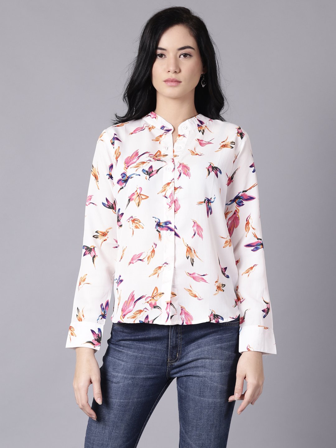 Women White Regular Printed Mandarin Collar Crepe Shirt | NOZ2TOZ - Made In INDIA.