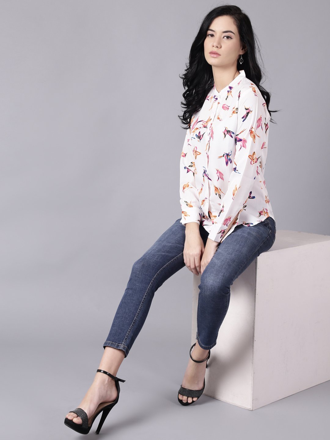 Women White Regular Printed Mandarin Collar Crepe Shirt | NOZ2TOZ - Made In INDIA.