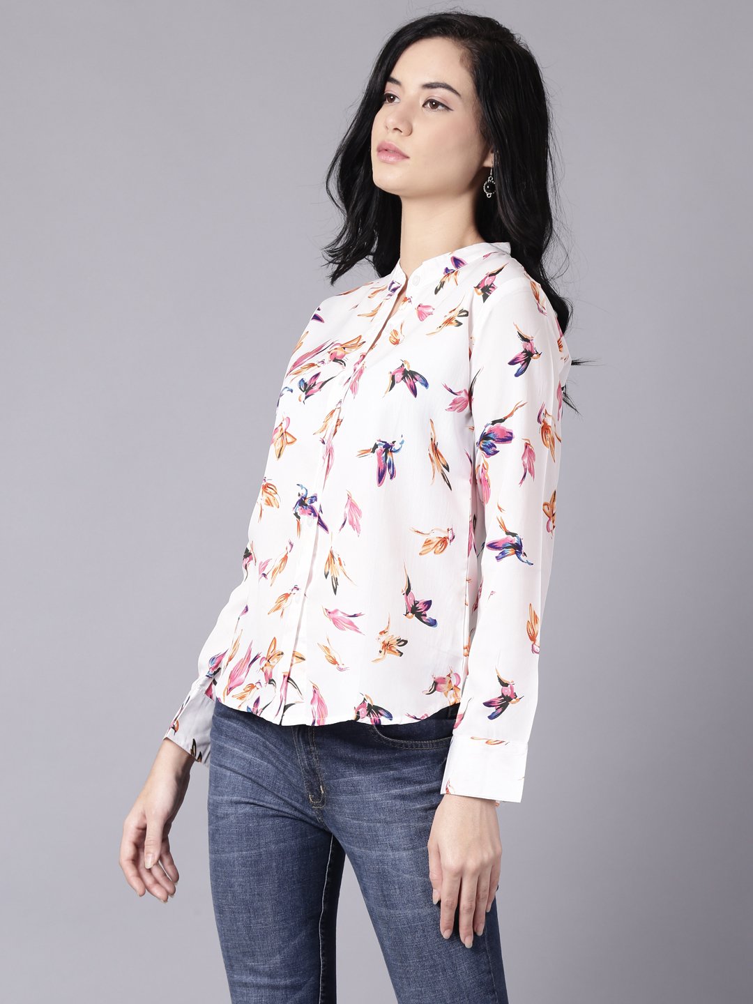 Women White Regular Printed Mandarin Collar Crepe Shirt | NOZ2TOZ - Made In INDIA.