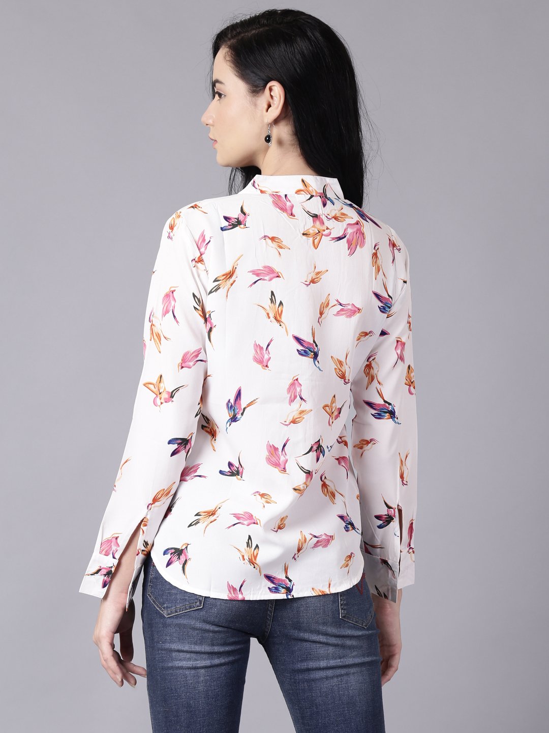 Women White Regular Printed Mandarin Collar Crepe Shirt | NOZ2TOZ - Made In INDIA.