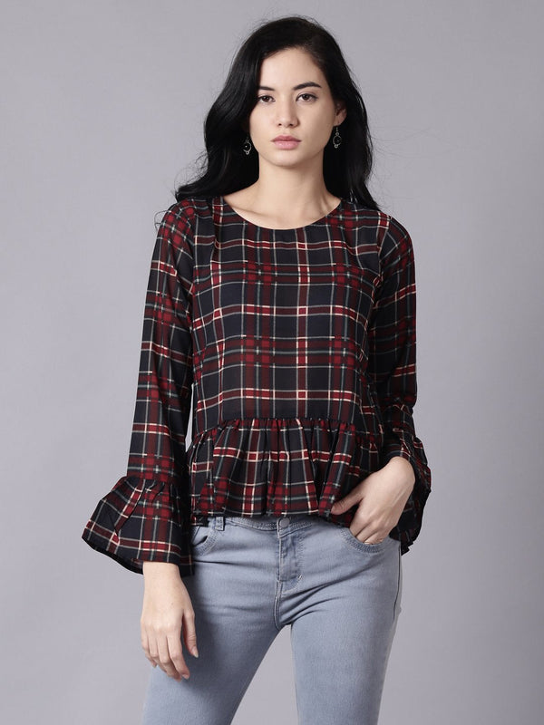 Women Blue Casual Checked Round Neck Top | NOZ2TOZ - Made In INDIA.