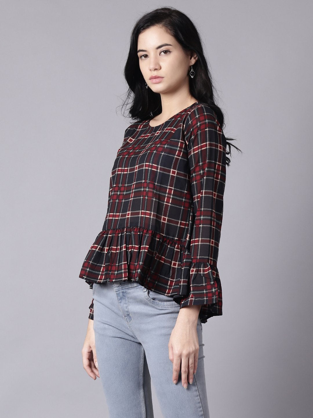 Women Blue Casual Checked Round Neck Top | NOZ2TOZ - Made In INDIA.