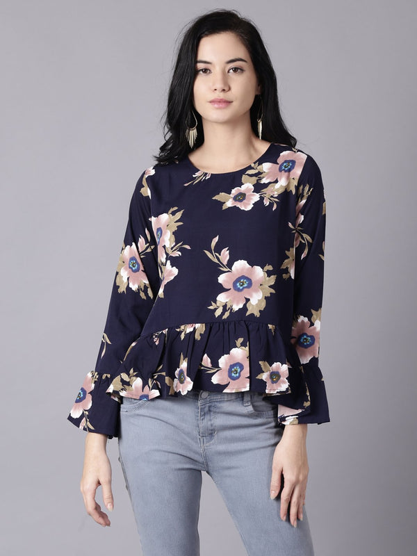 Women Navy Blue Casual Printed Round Neck Top | NOZ2TOZ - Made In INDIA.