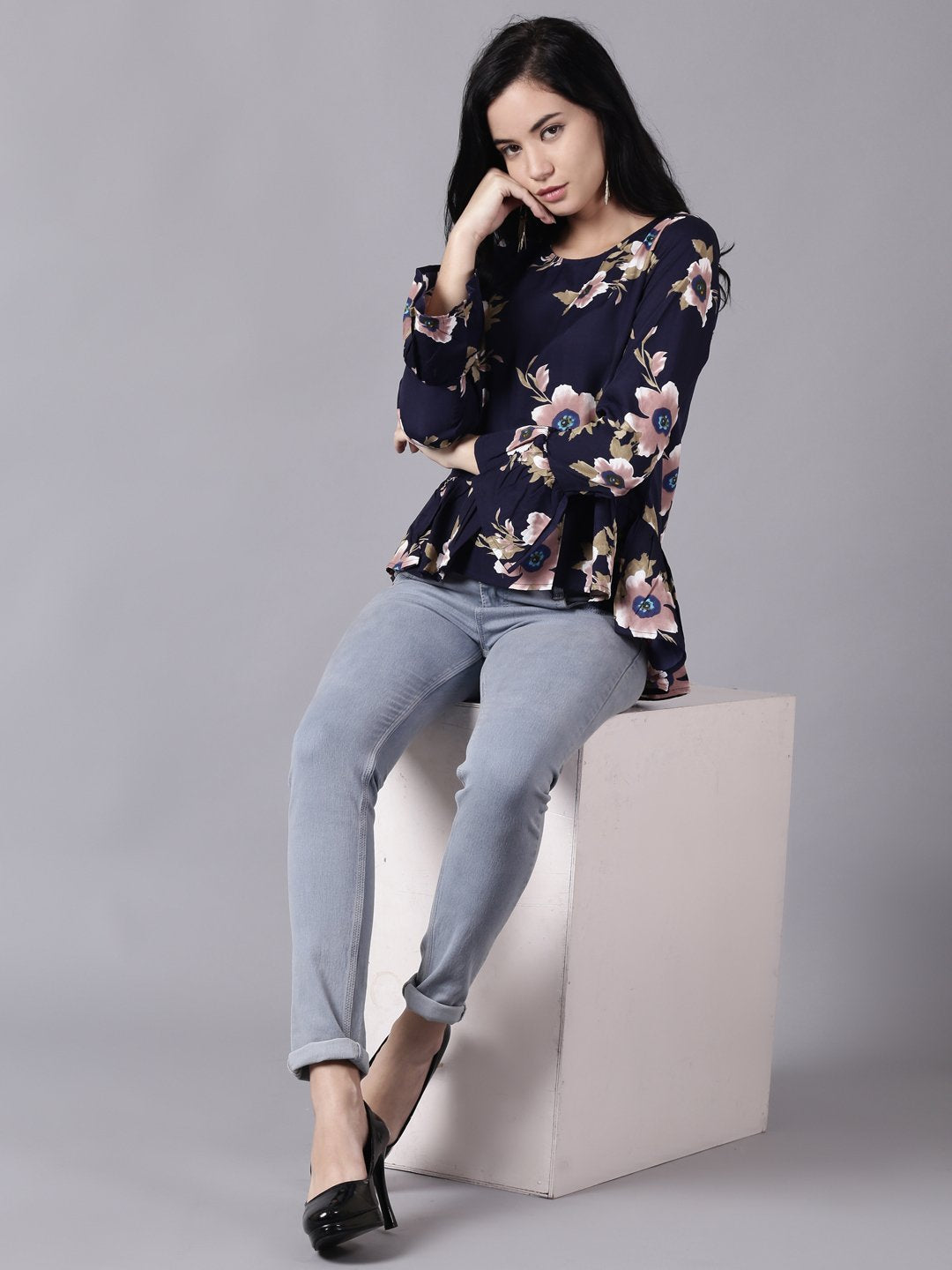 Women Navy Blue Casual Printed Round Neck Top | NOZ2TOZ - Made In INDIA.