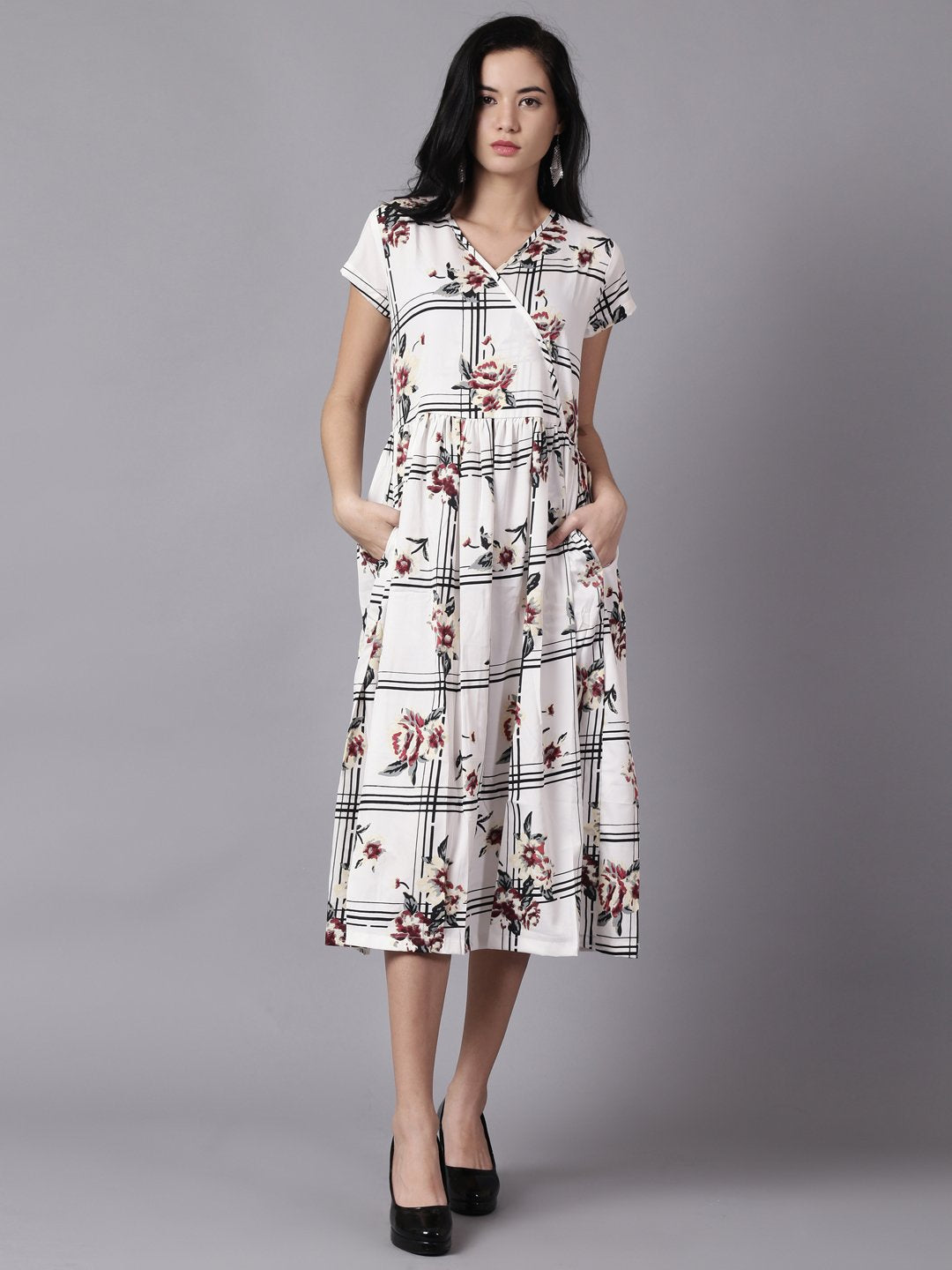 Women White Floral Printed V-Neck Fit and Flare Dress | NOZ2TOZ - Made In INDIA.