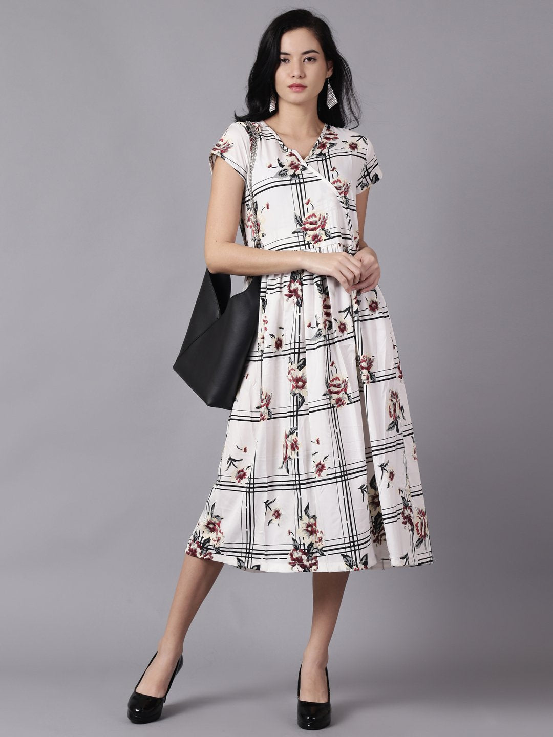 Women White Floral Printed V-Neck Fit and Flare Dress | NOZ2TOZ - Made In INDIA.