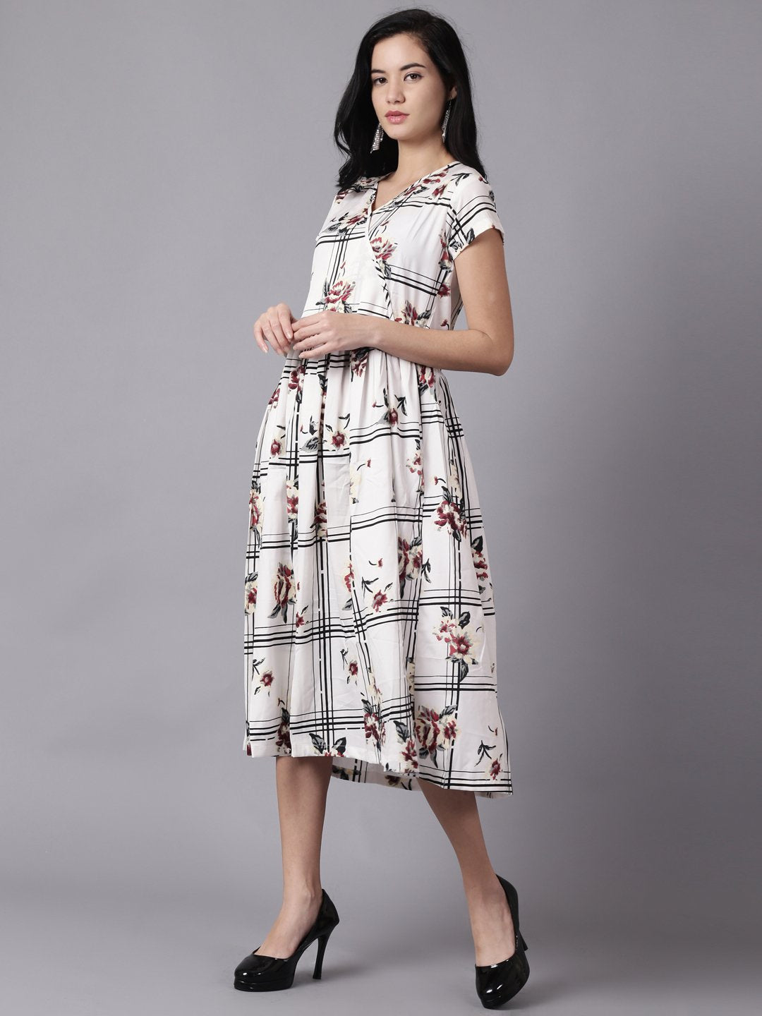 Women White Floral Printed V-Neck Fit and Flare Dress | NOZ2TOZ - Made In INDIA.