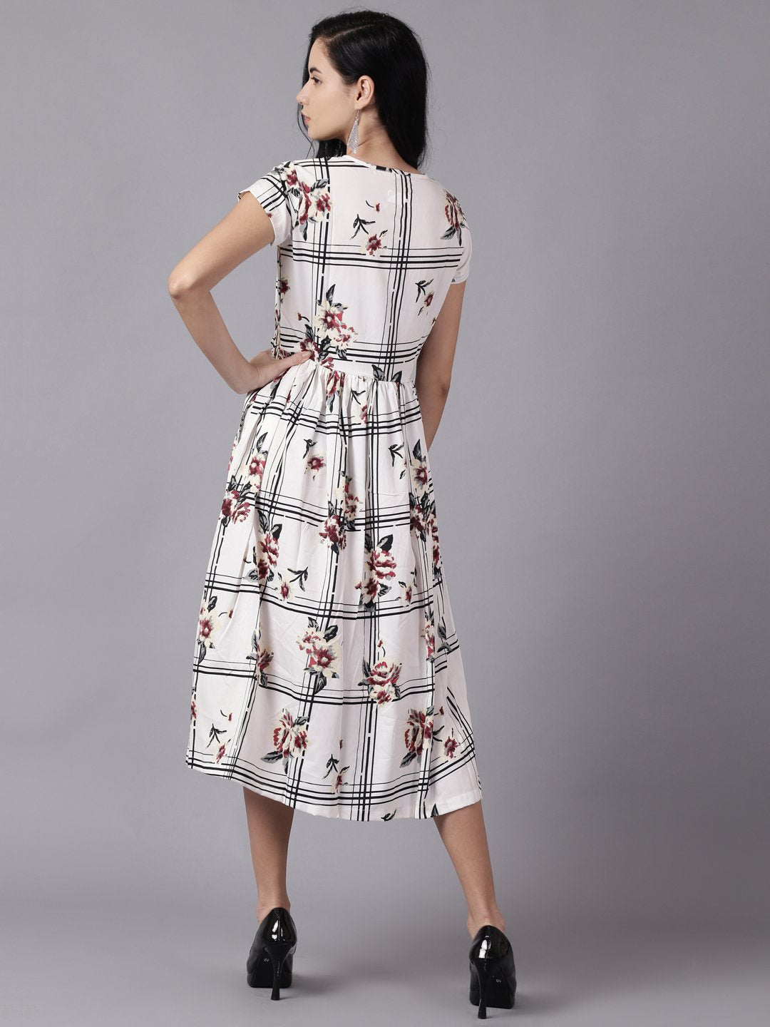 Women White Floral Printed V-Neck Fit and Flare Dress | NOZ2TOZ - Made In INDIA.