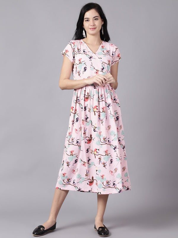 Women Pink Floral Printed V-Neck Fit and Flare Dress | NOZ2TOZ - Made In INDIA.