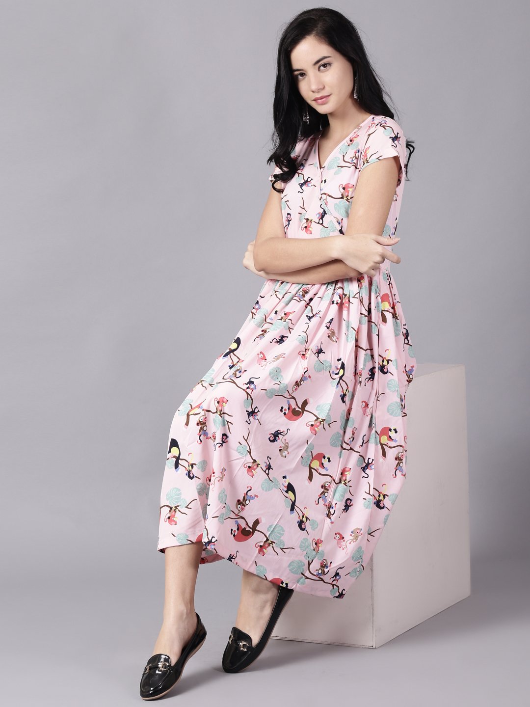 Women Pink Floral Printed V-Neck Fit and Flare Dress | NOZ2TOZ - Made In INDIA.