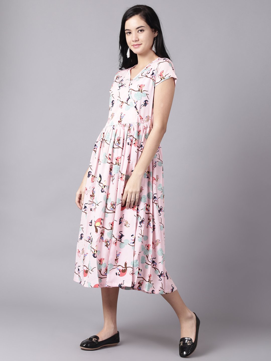 Women Pink Floral Printed V-Neck Fit and Flare Dress | NOZ2TOZ - Made In INDIA.