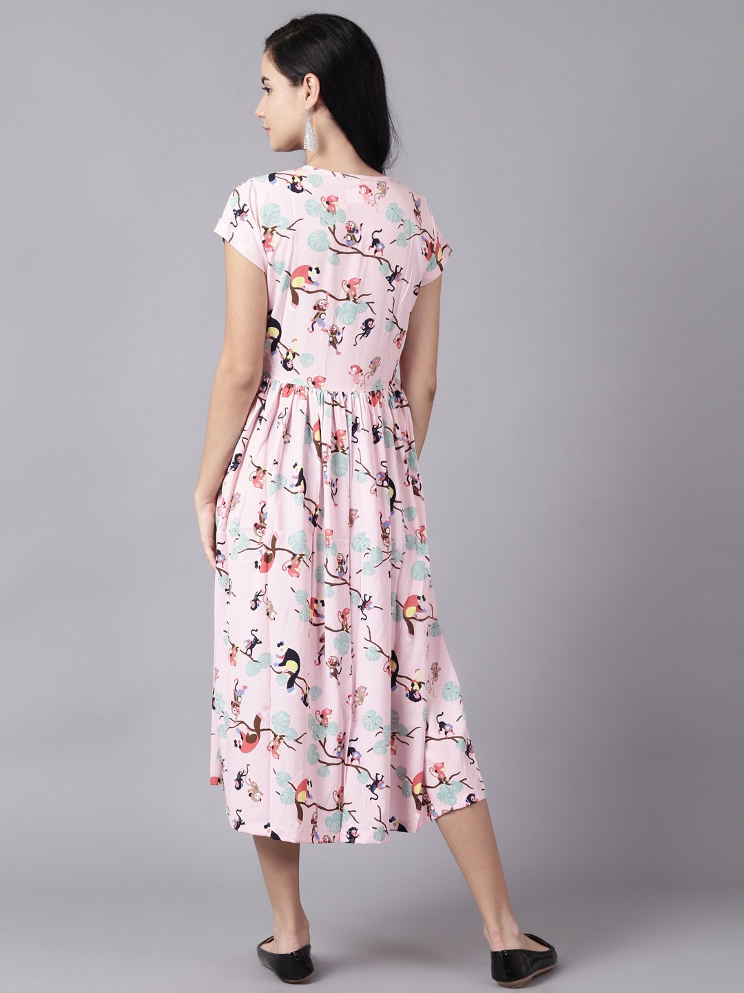 Women Pink Floral Printed V-Neck Fit and Flare Dress | NOZ2TOZ - Made In INDIA.