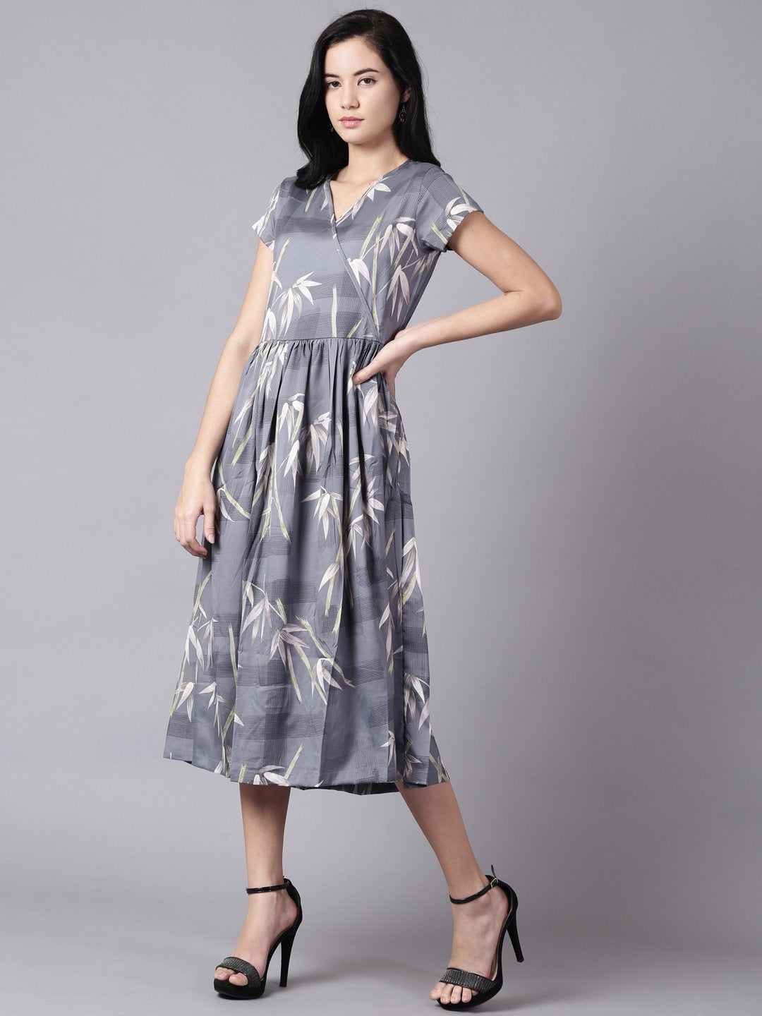 Women Blue Floral Printed V-Neck Fit and Flare Dress | NOZ2TOZ - Made In INDIA.