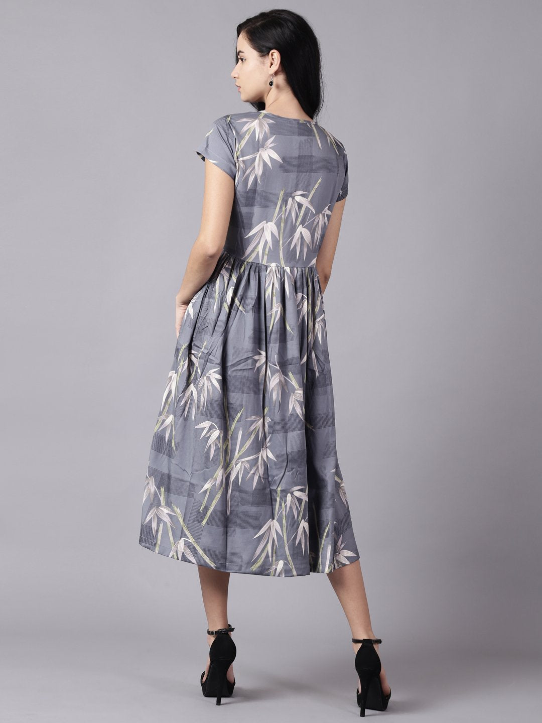 Women Blue Floral Printed V-Neck Fit and Flare Dress | NOZ2TOZ - Made In INDIA.