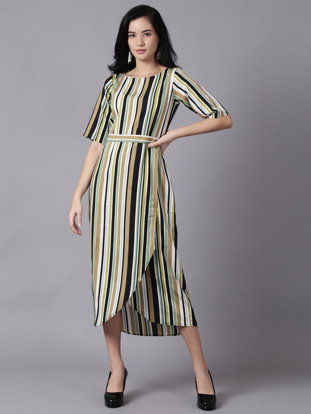 Women Multi Striped Striped Round Neck A-Line Dress | NOZ2TOZ - Made In INDIA.