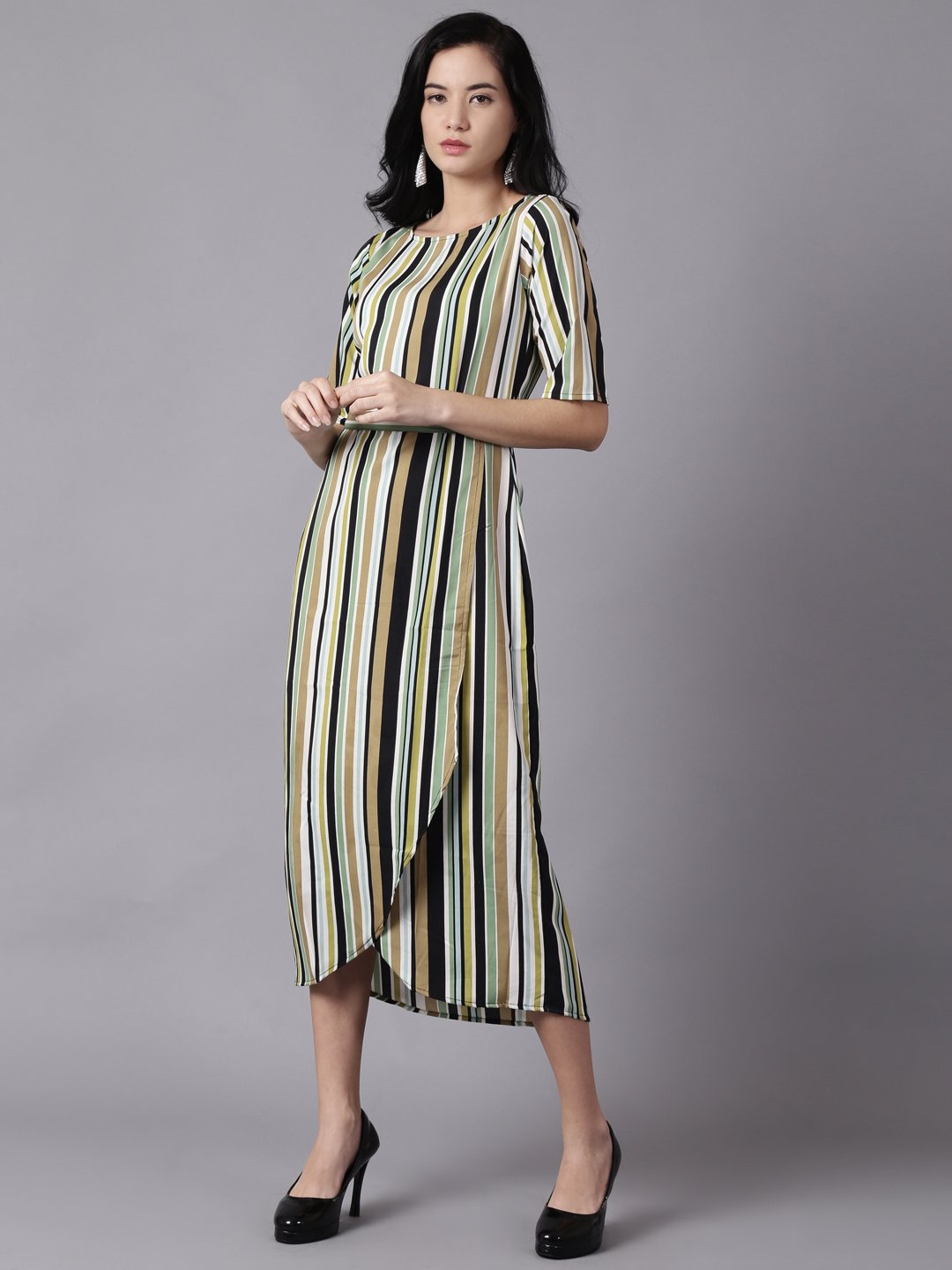 Women Multi Striped Striped Round Neck A-Line Dress | NOZ2TOZ - Made In INDIA.