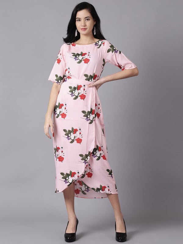 Women Pink Floral Printed Round Neck A-Line Dress | NOZ2TOZ - Made In INDIA.