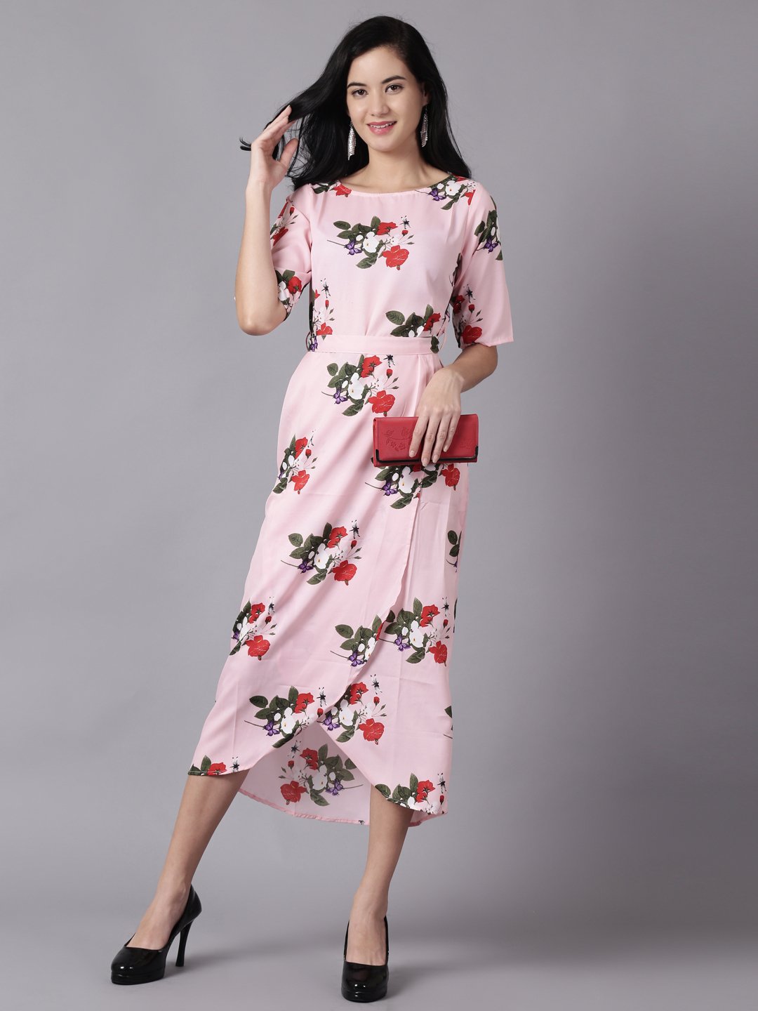 Women Pink Floral Printed Round Neck A-Line Dress | NOZ2TOZ - Made In INDIA.