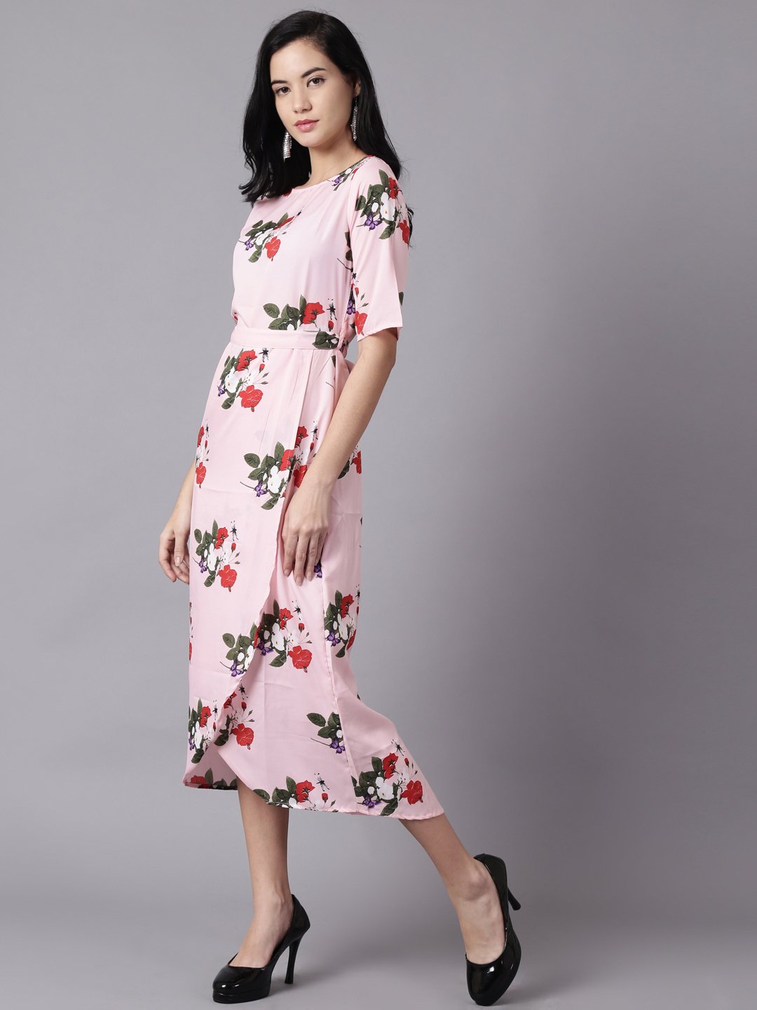 Women Pink Floral Printed Round Neck A-Line Dress | NOZ2TOZ - Made In INDIA.