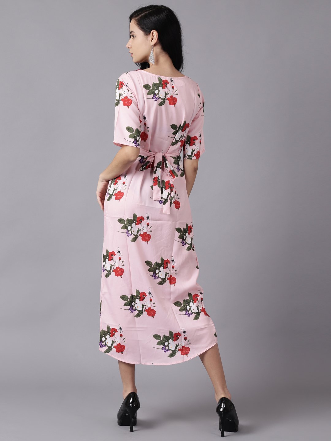 Women Pink Floral Printed Round Neck A-Line Dress | NOZ2TOZ - Made In INDIA.