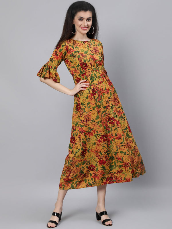 Women Mustard Printed Maxi Dress With Flared Sleeves | NOZ2TOZ - Made In INDIA.