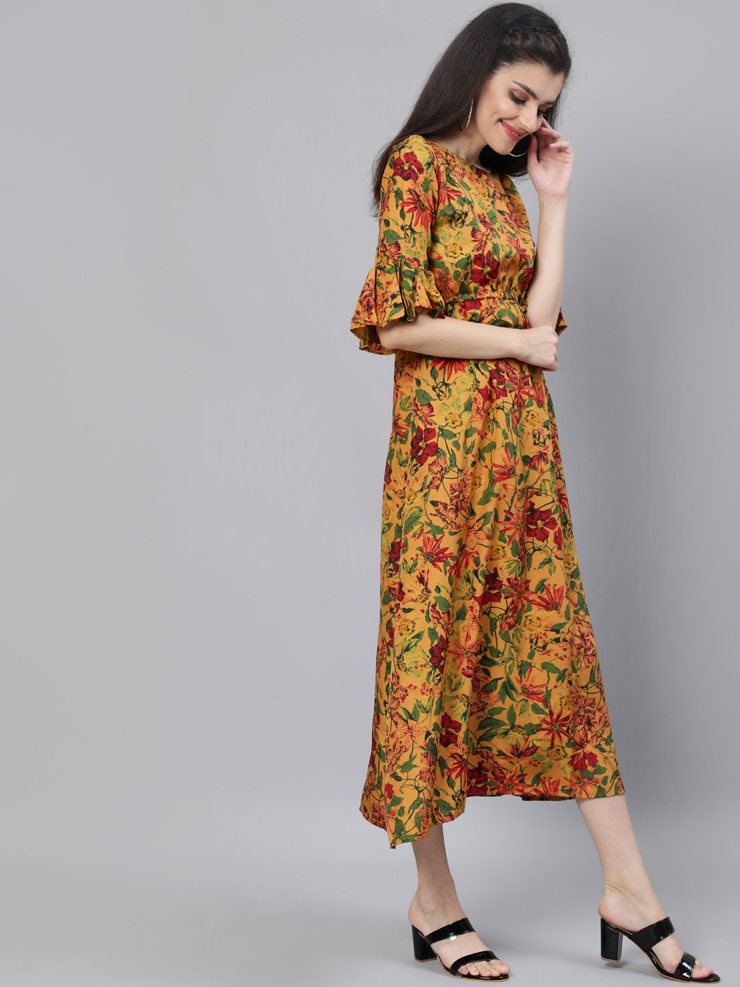 Women Mustard Printed Maxi Dress With Flared Sleeves | NOZ2TOZ - Made In INDIA.