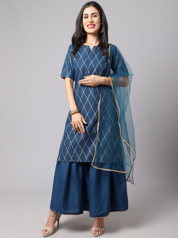 Women's Blue  Color Gold Printed Kurta and Pant Set with Dupatta  - AILISH